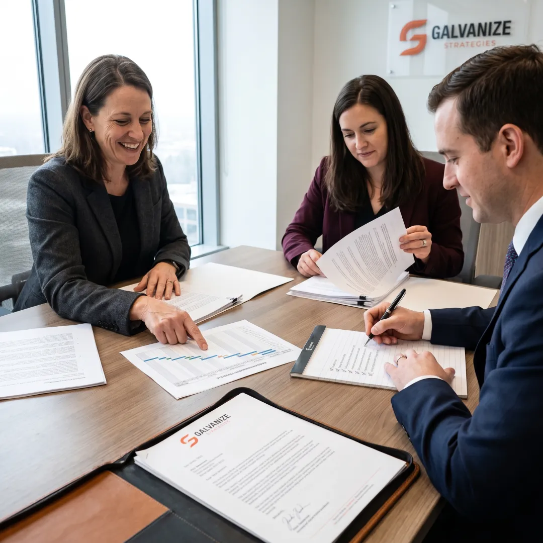 Professionals reviewing government contract documents