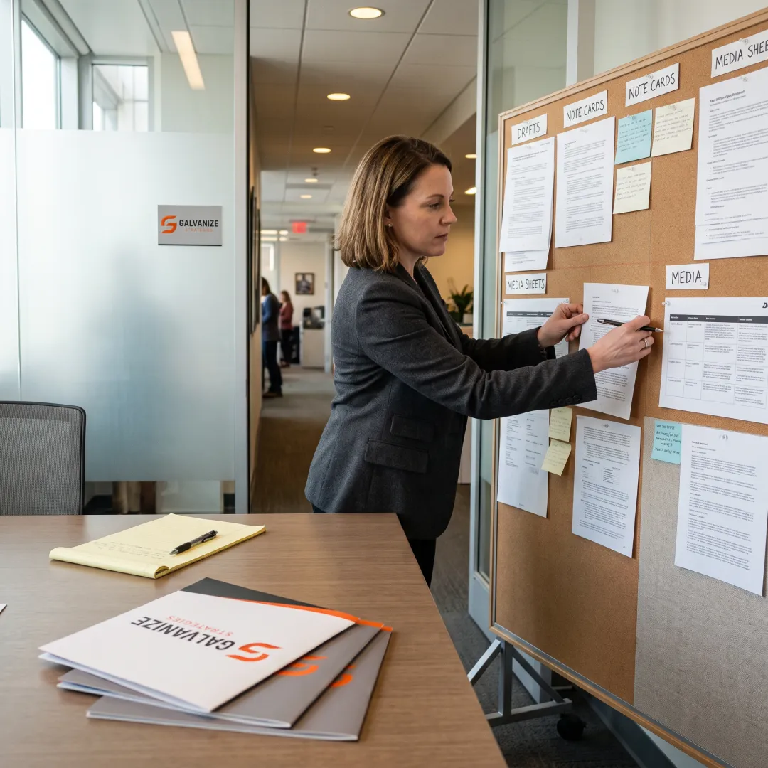 Communications strategist preparing a public affairs presentation