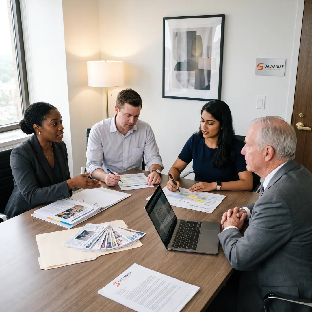 Communications strategists reviewing a campaign plan