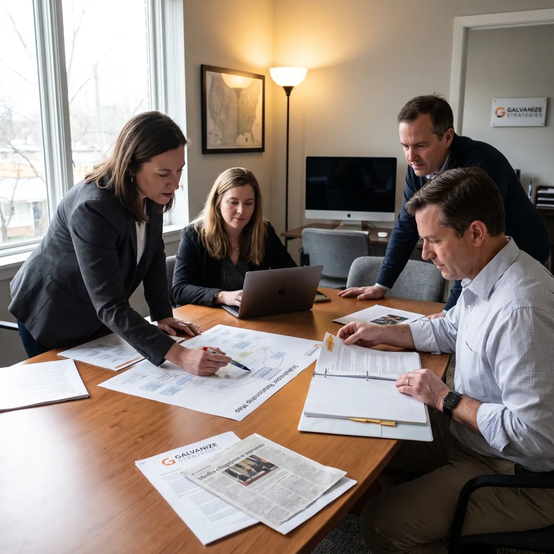 Communications team planning a public relations strategy