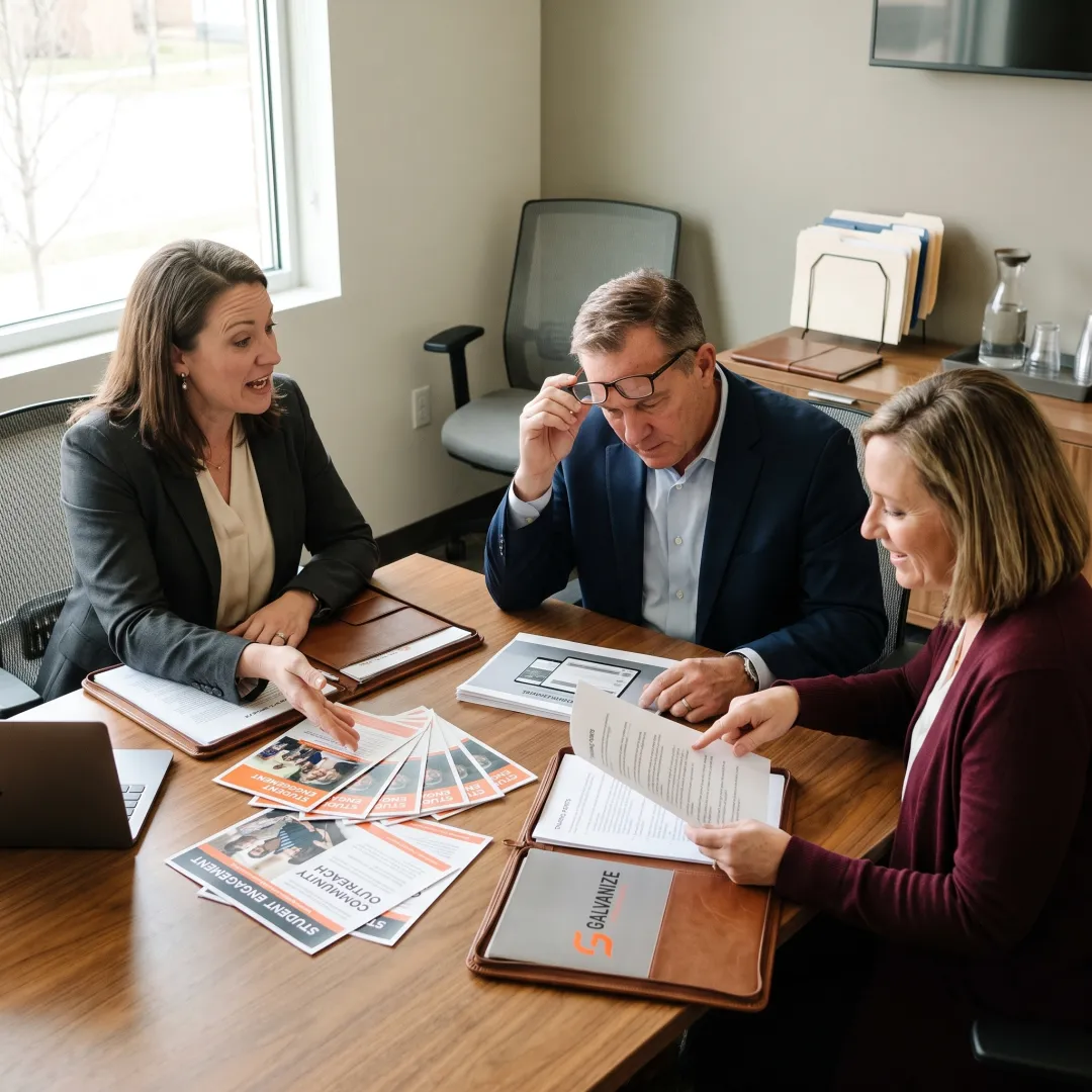 Education leaders meeting with a communications strategist