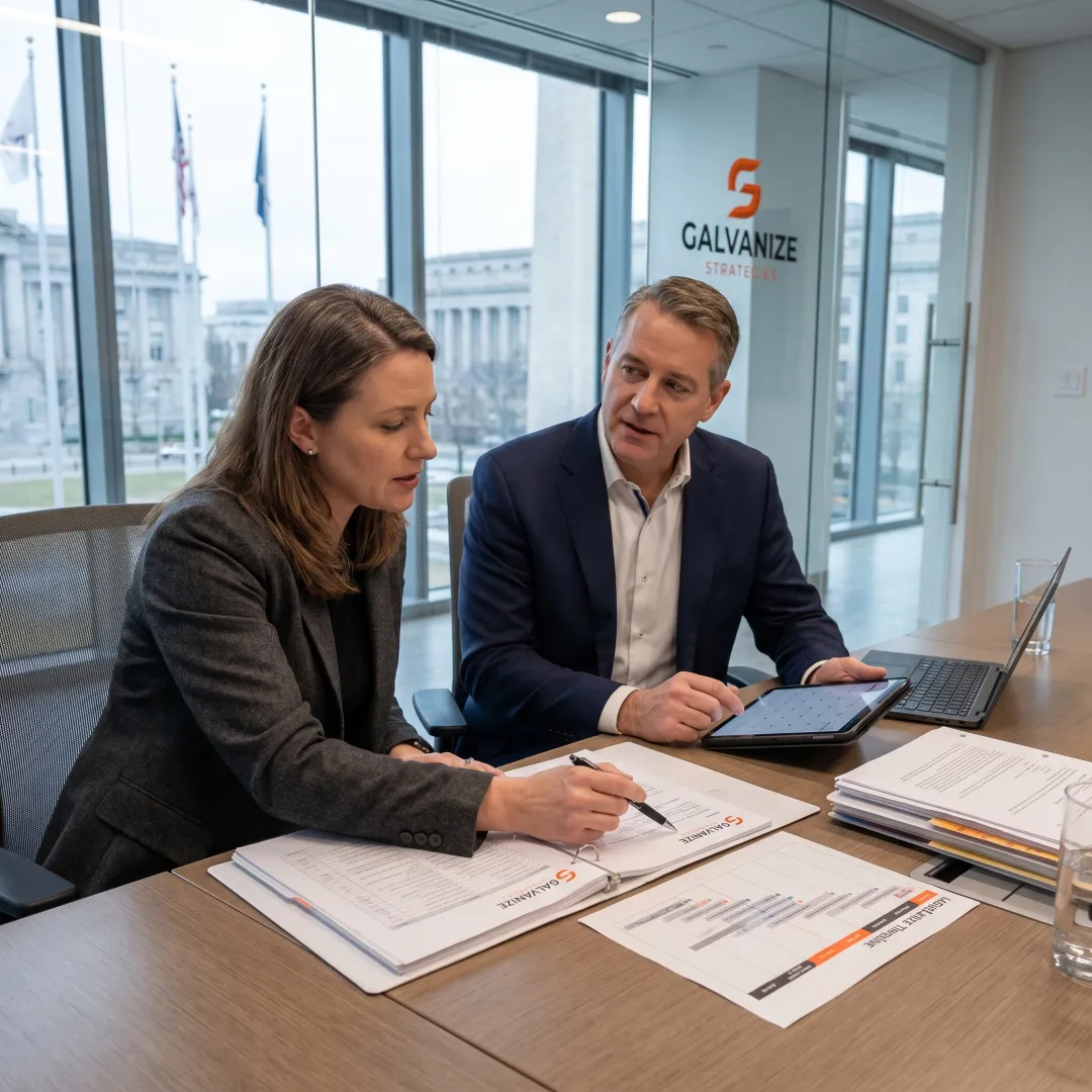 Consultants reviewing government contract strategy