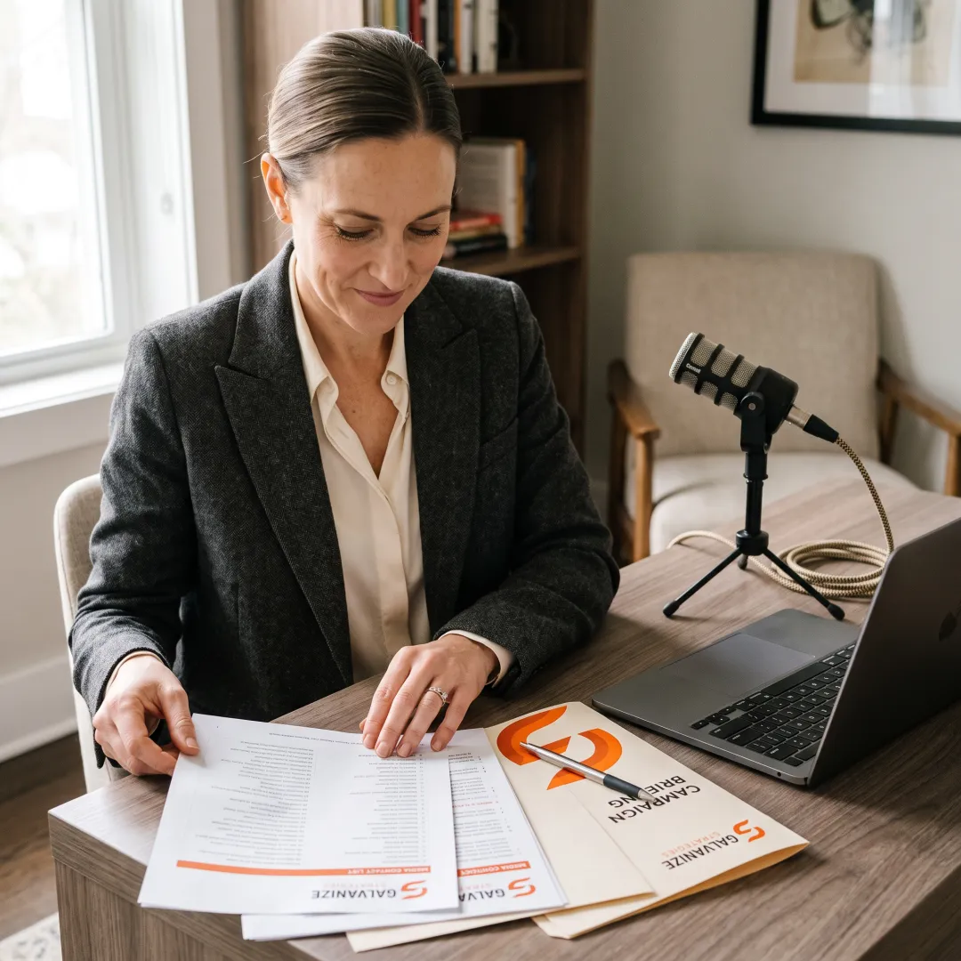 Communications strategist preparing for a media interview