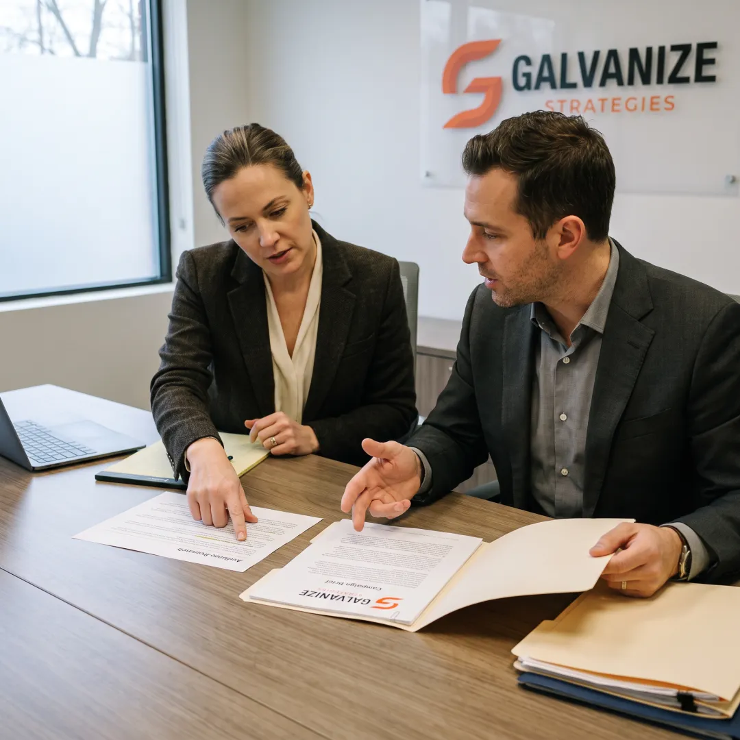 Strategists reviewing brand messaging materials