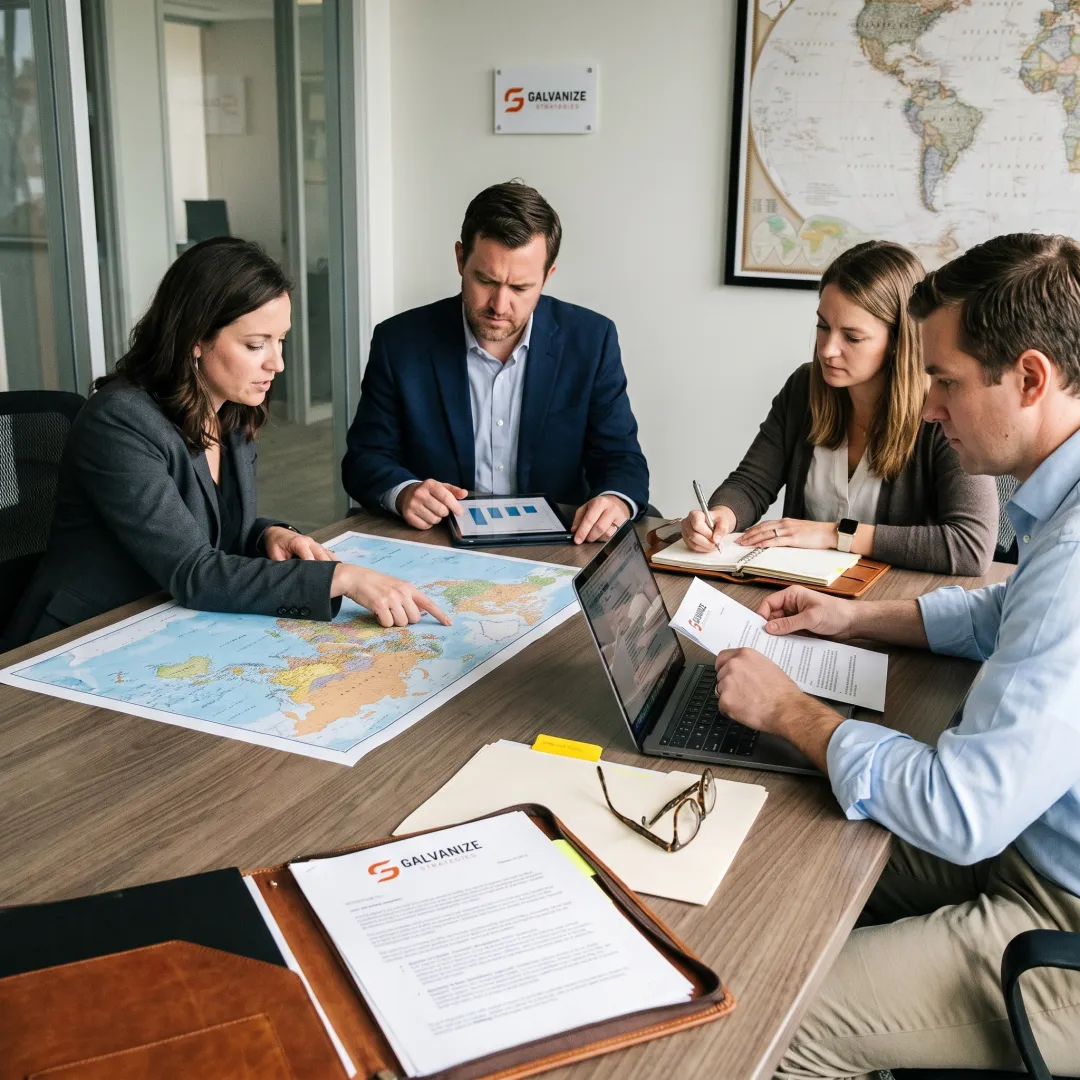 Team discussing an international communications strategy