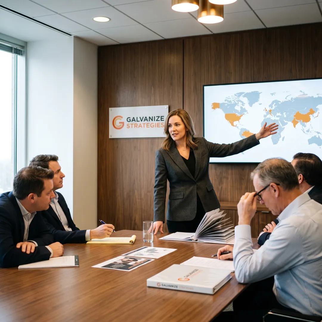 Communications strategist presenting a global engagement plan