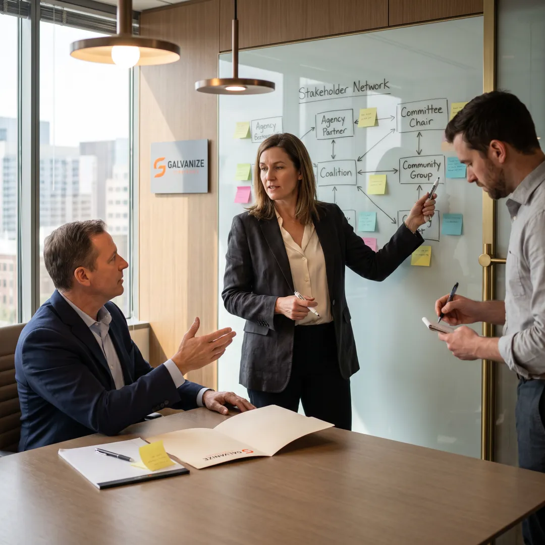Consultants planning a stakeholder partnership strategy