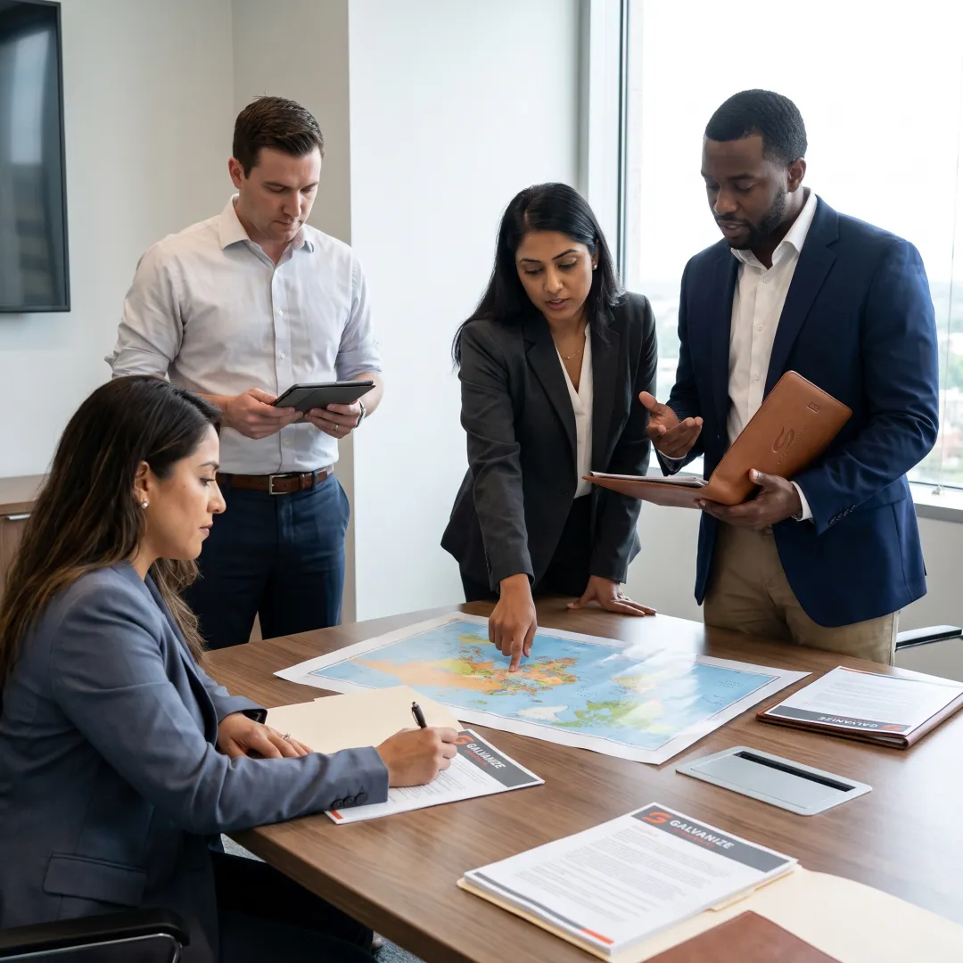Consultants discussing international policy strategy
