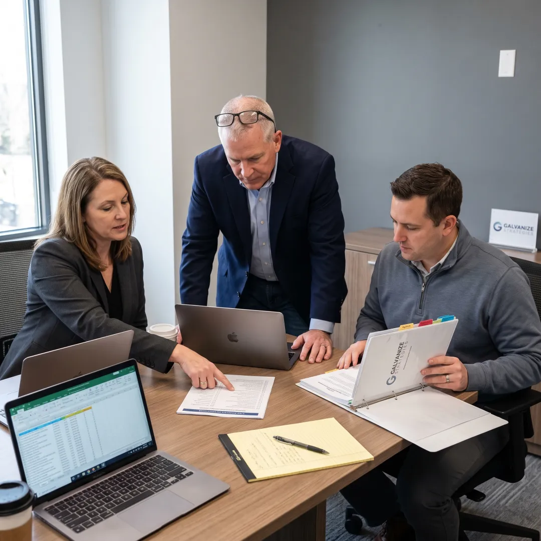 Veteran-owned small business team reviewing government contract documents