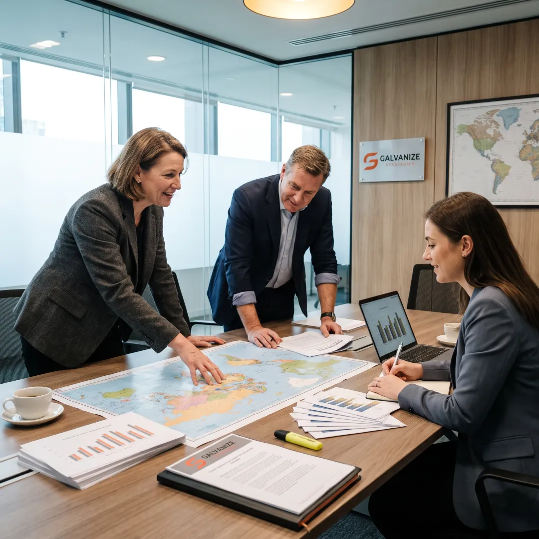 Consultants reviewing global trade strategy