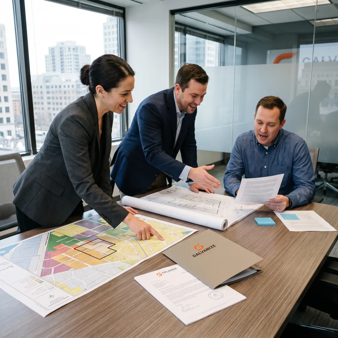 Development team reviewing a land-use plan