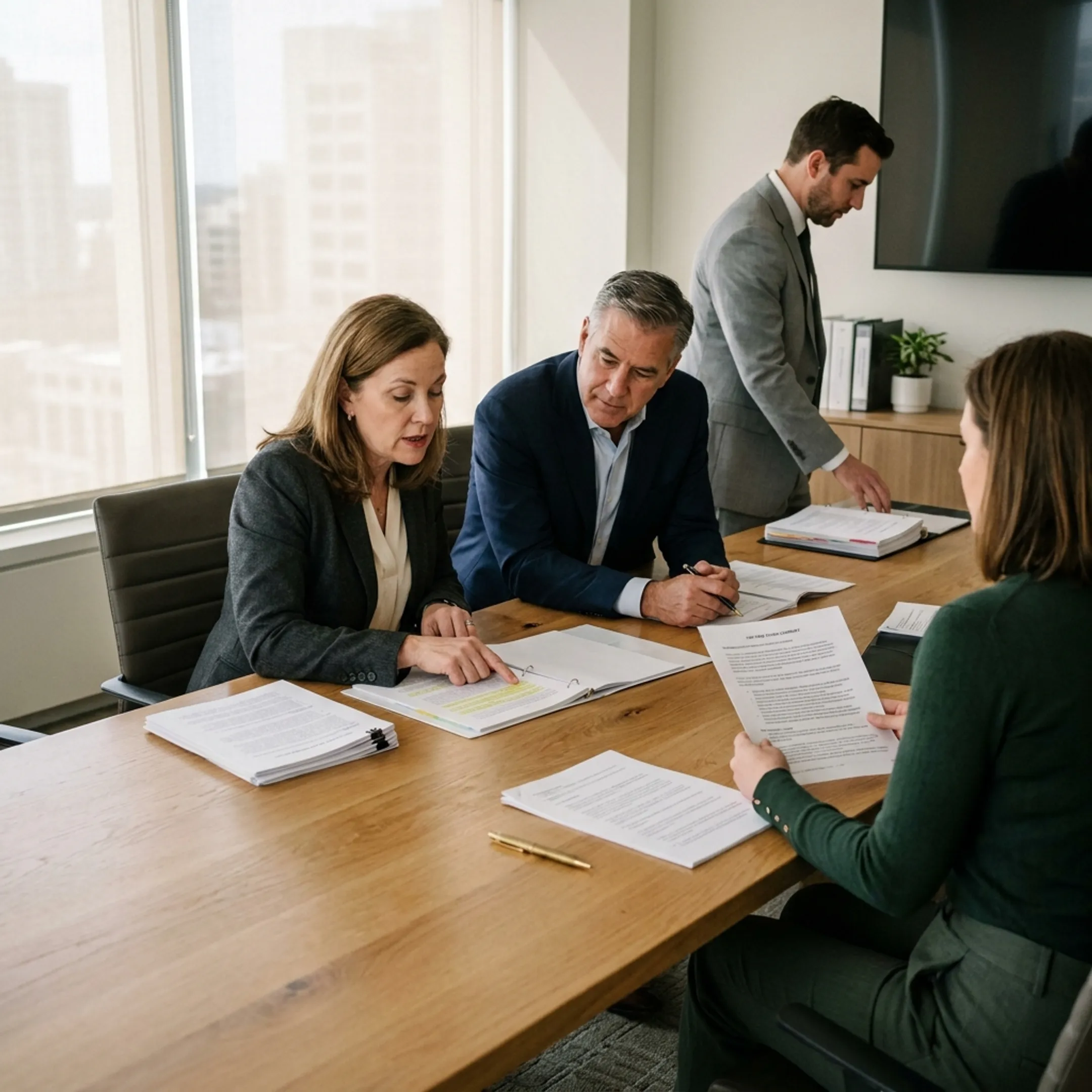 Lobbyists discussing policy strategy in a professional government affairs meeting