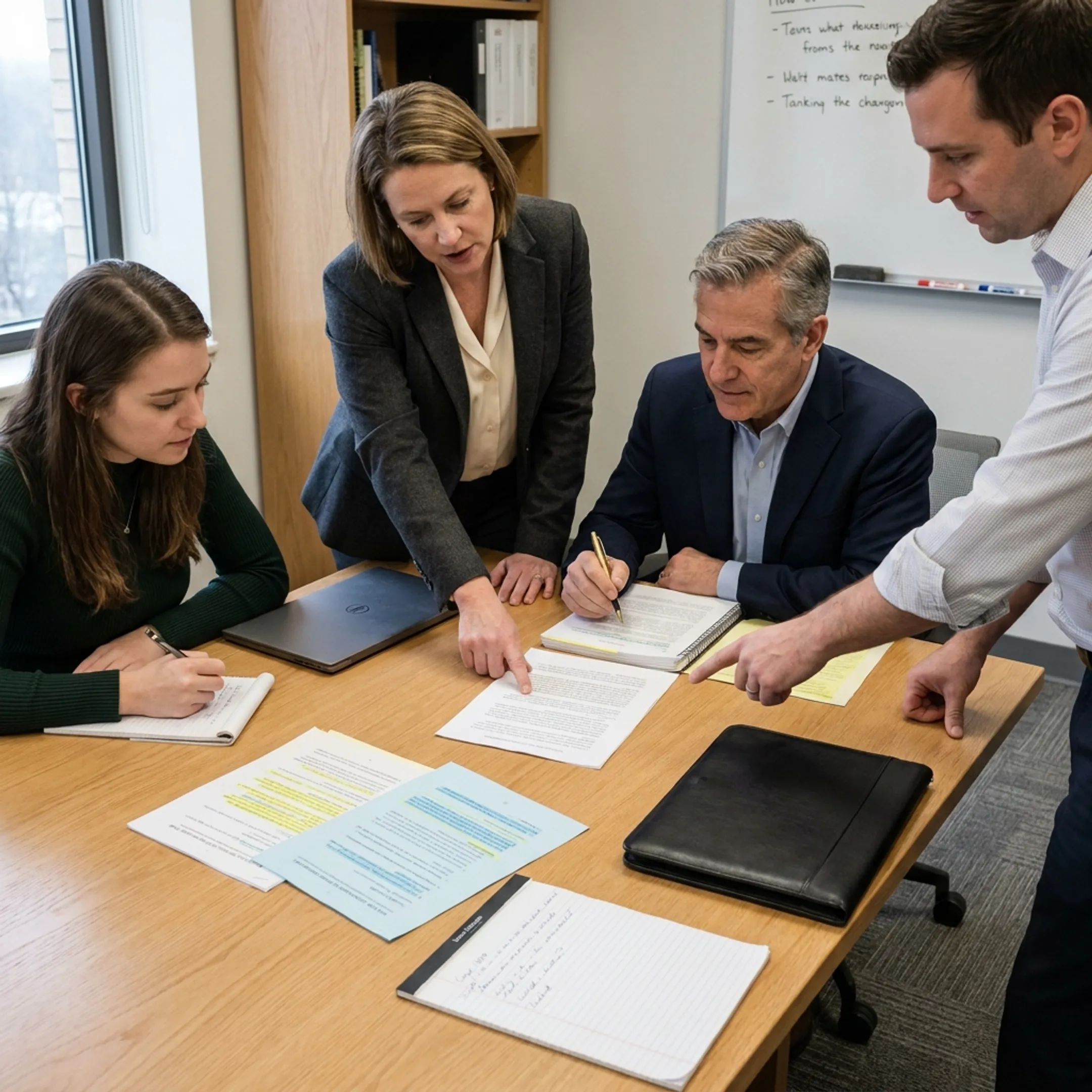Healthcare policy professionals discussing advocacy strategy in a government relations meeting