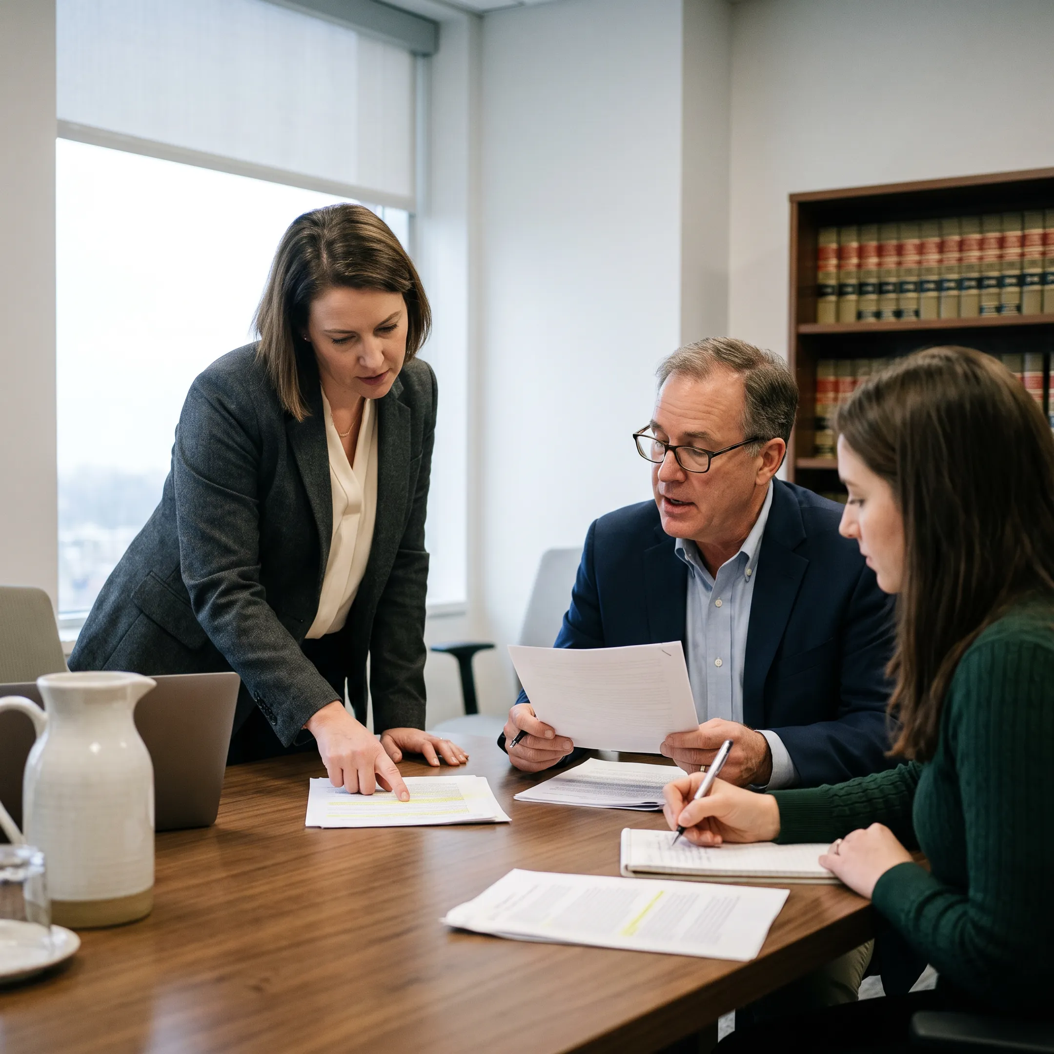 Advocacy professionals discussing mental health policy strategy in a government affairs office