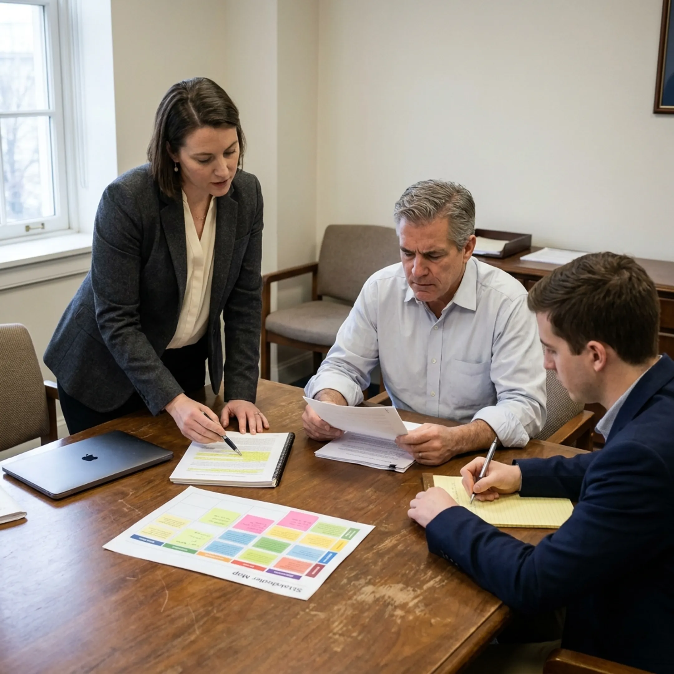 Democratic lobbying professionals discussing policy strategy in a modern government affairs office