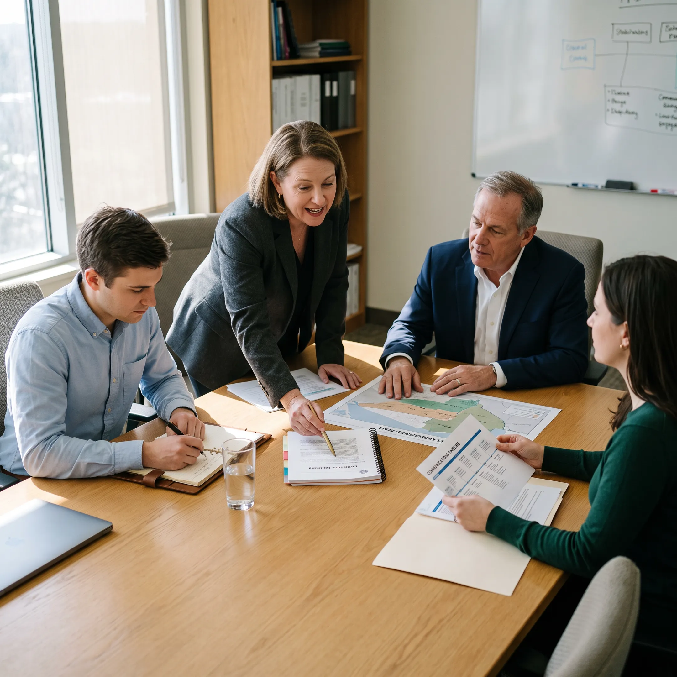 Lobbying strategists collaborating on a national policy advocacy plan