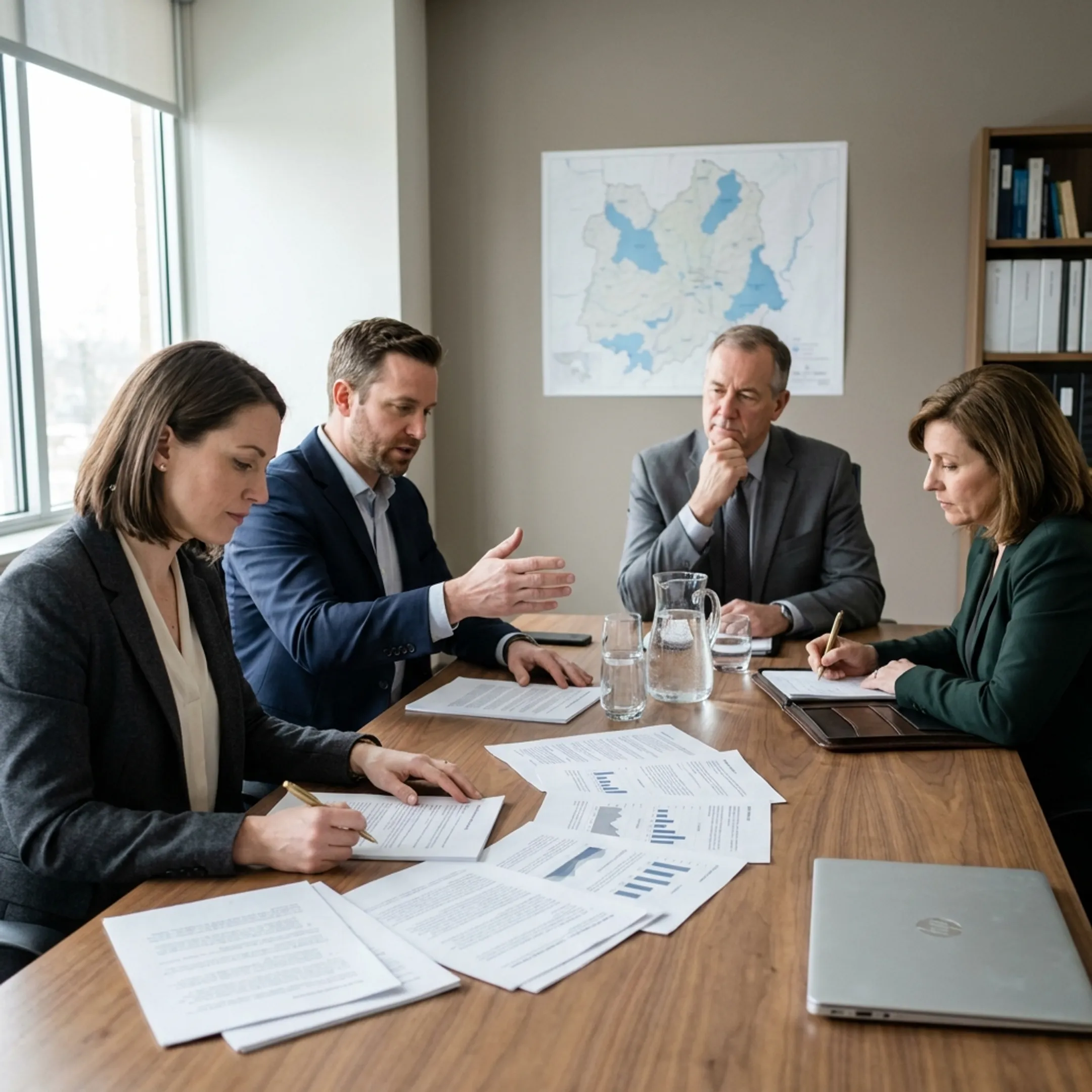 Water policy advocates meeting with government stakeholders in a professional setting