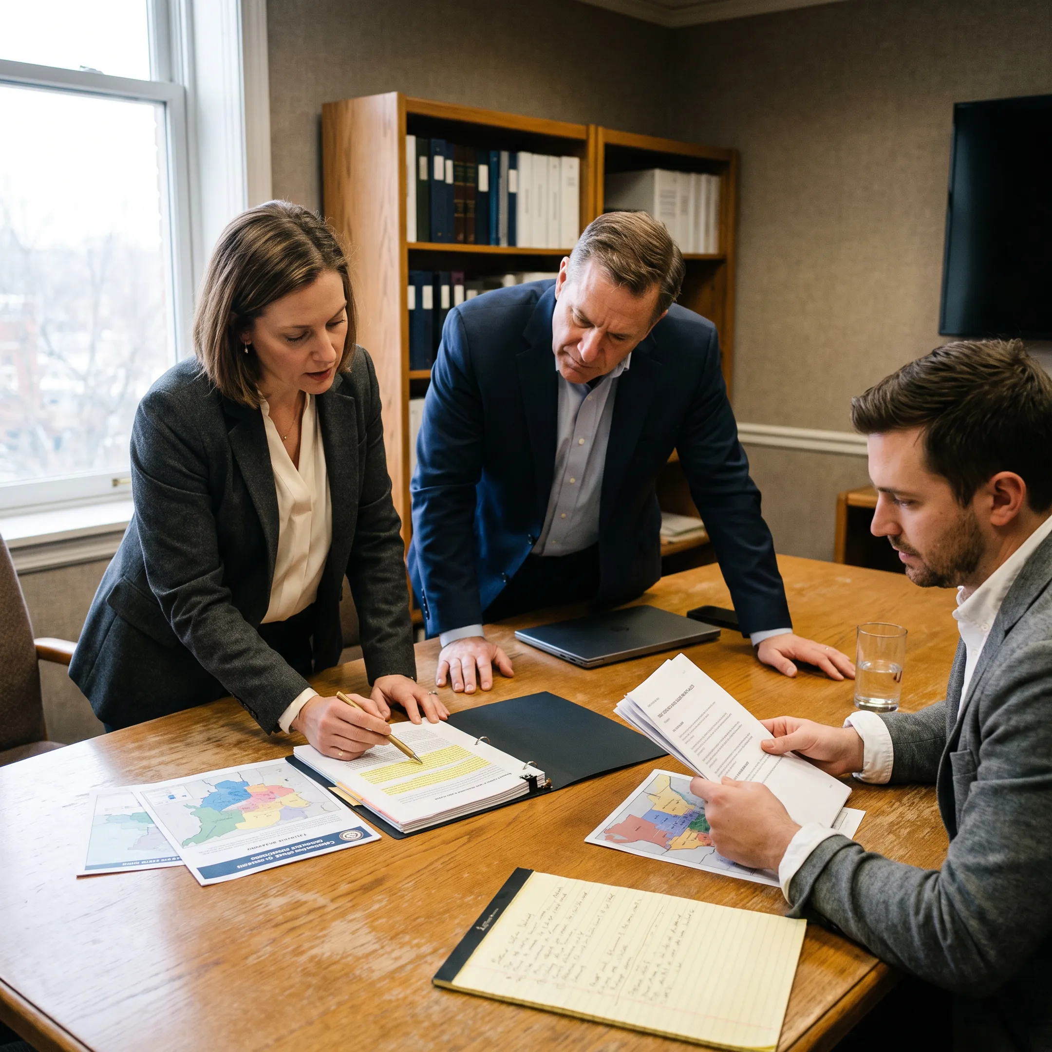 Advocacy professionals discussing mining policy strategy with government documents