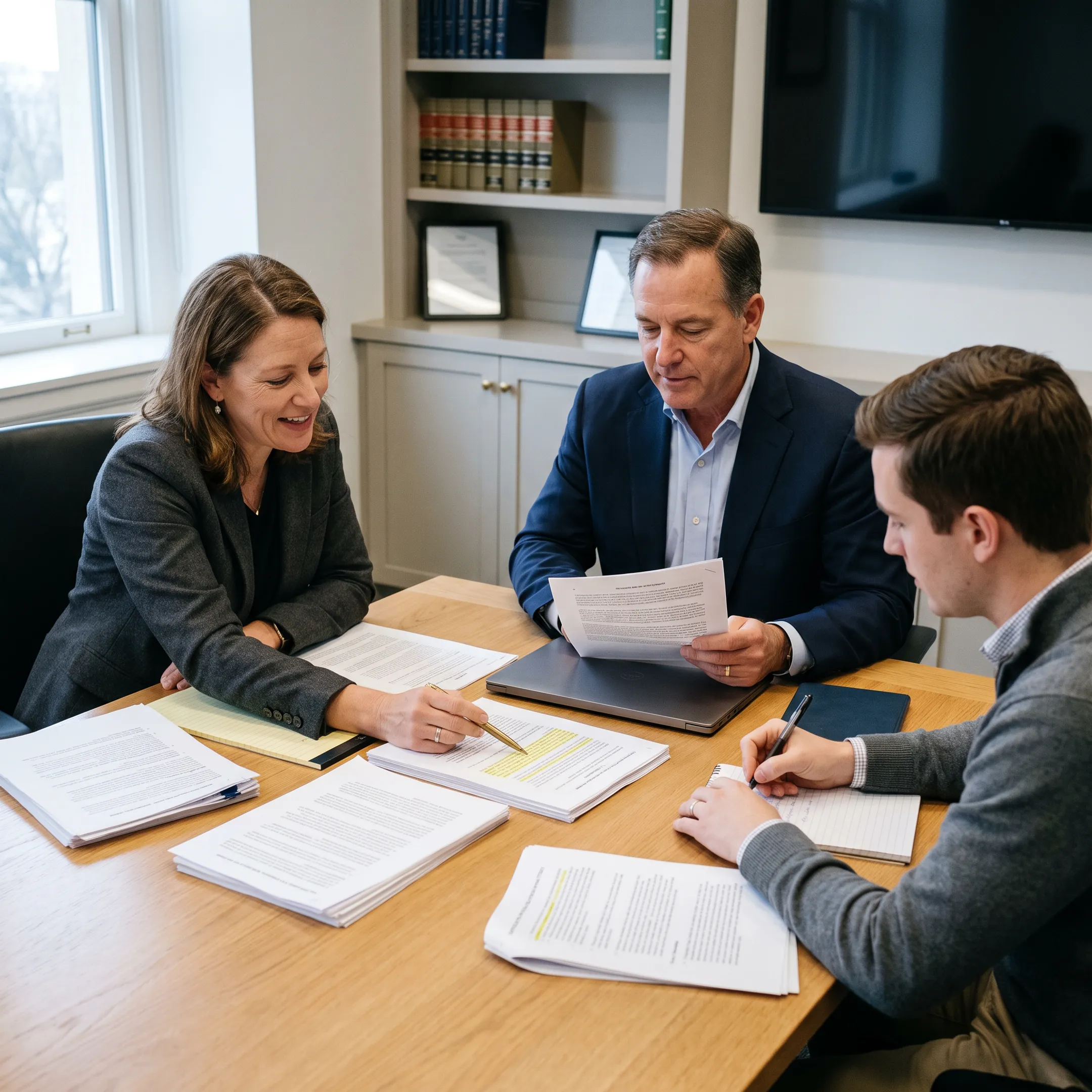 Lobbying strategists discussing tax policy documents in a professional government affairs office