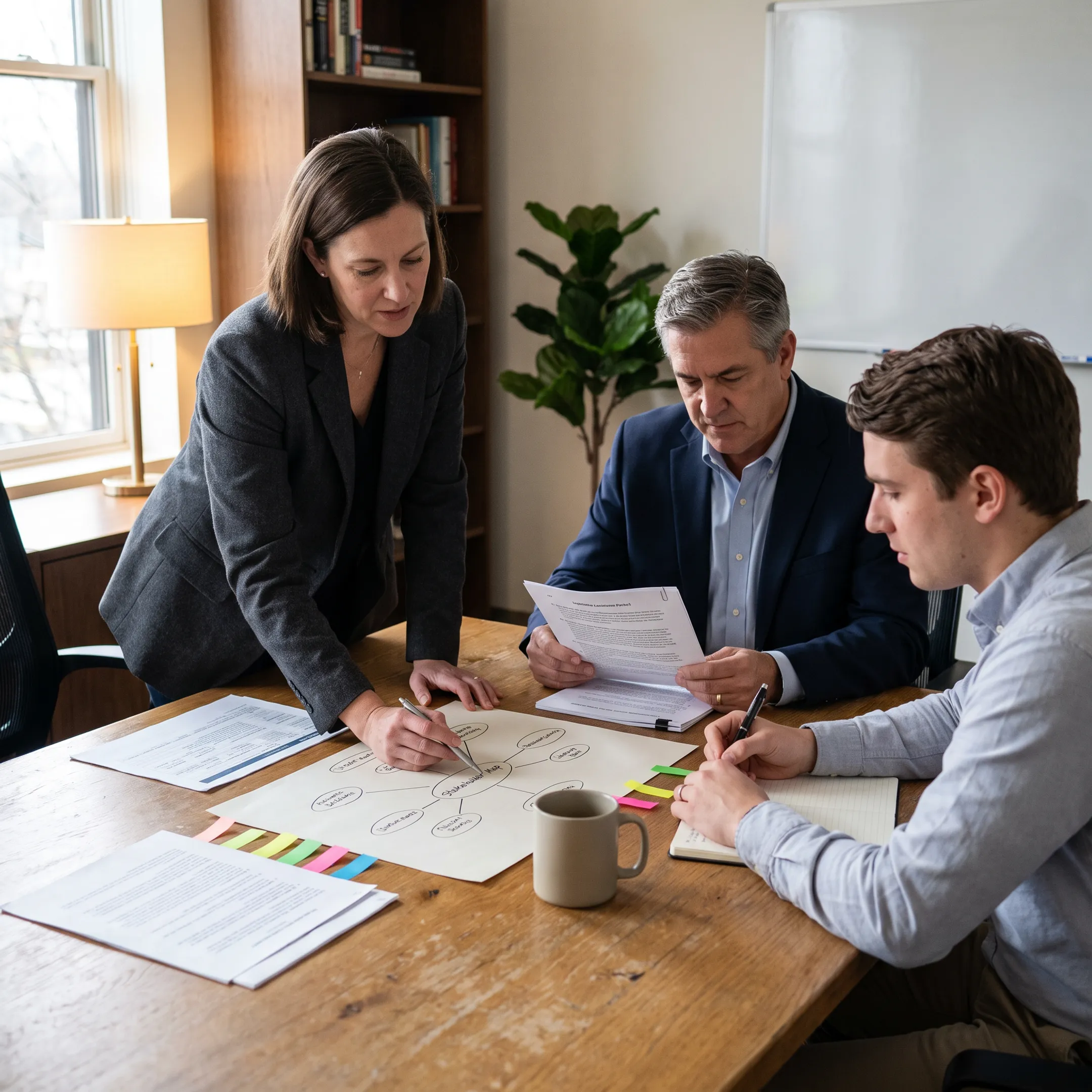 Strategists developing a housing advocacy plan with policy documents