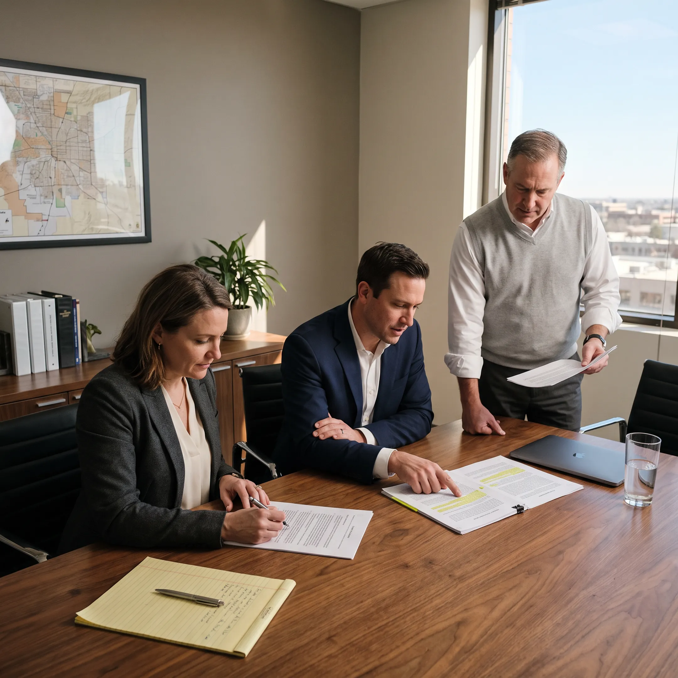 Government affairs strategists reviewing policy documents