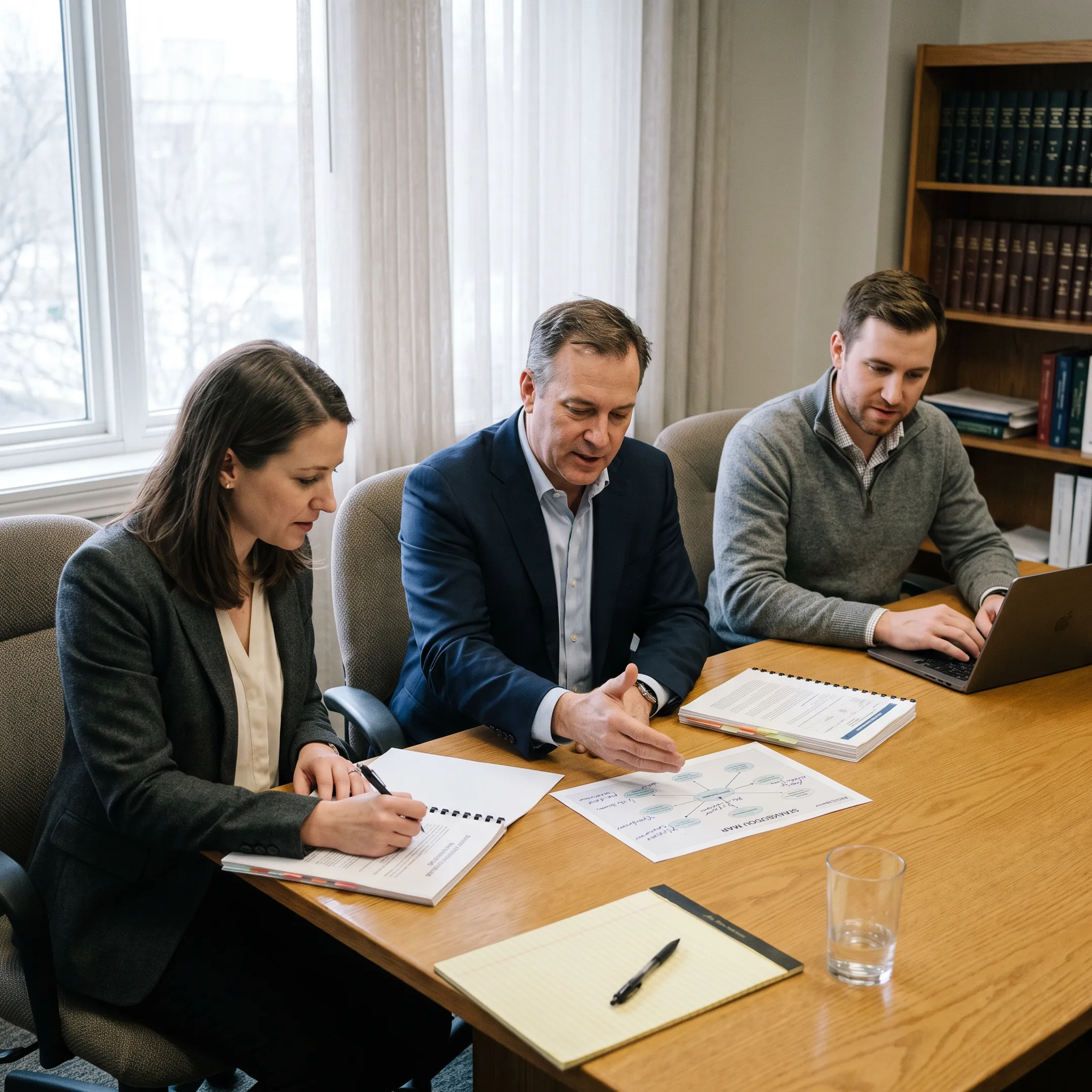 Strategists preparing a government affairs plan with policy materials