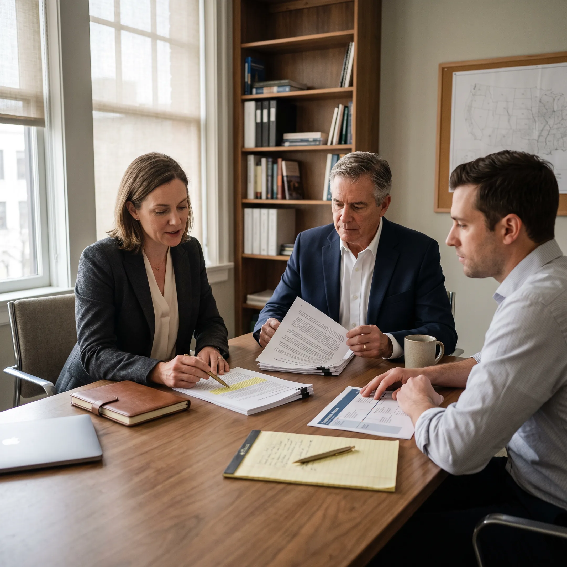 Political strategists meeting with civic stakeholders around a conference table