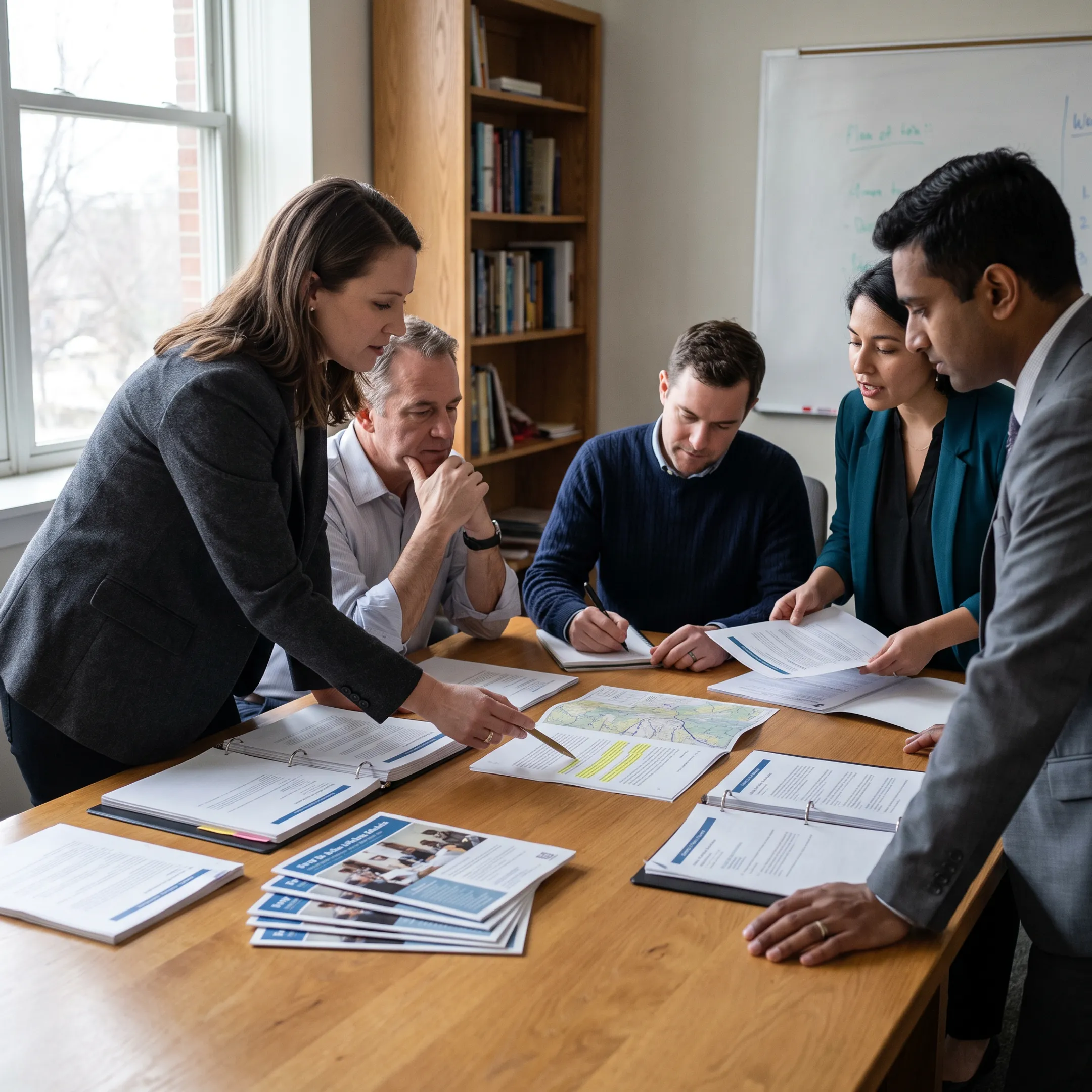 Lobbying strategists meeting with community and government stakeholders in a professional policy setting