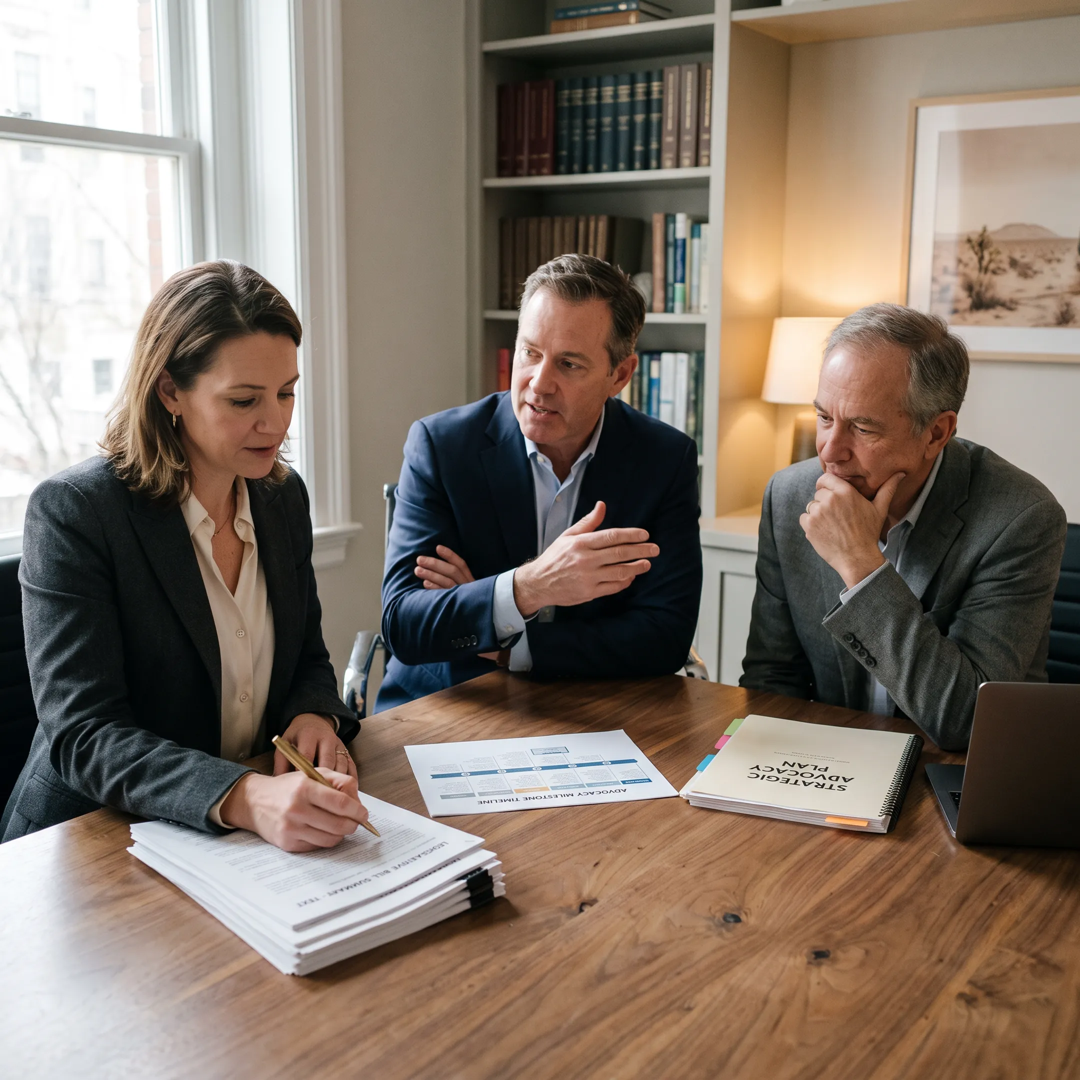 Lobbying strategists reviewing Arizona policy documents with clients