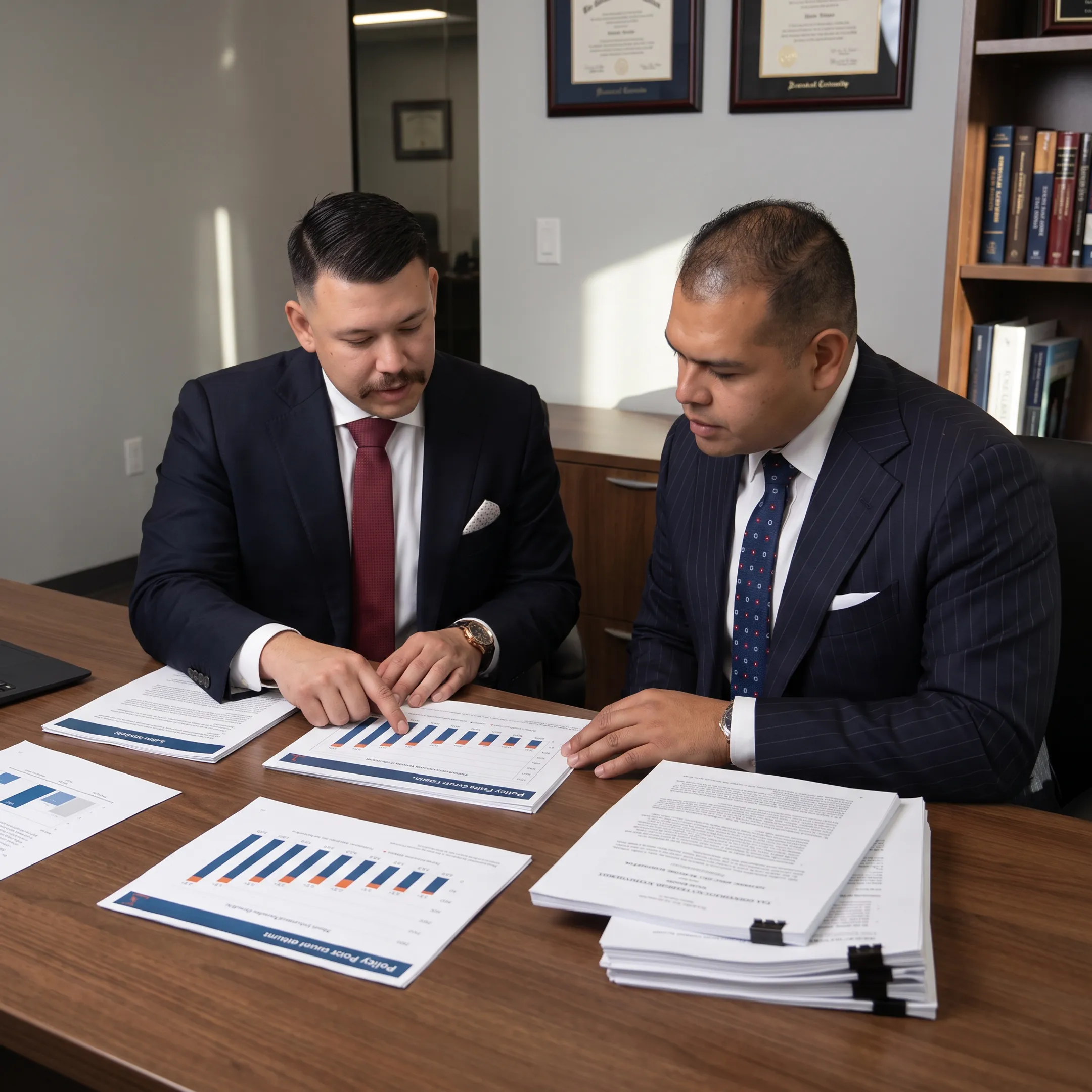 Advocacy consultants preparing a tax reform strategy with policy charts and briefing materials