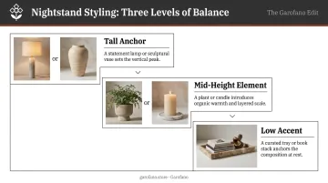 Three-level nightstand height hierarchy infographic with tall mid and low elements