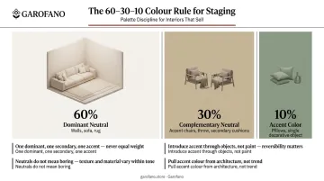 60-30-10 color rule breakdown for living room staging palette infographic