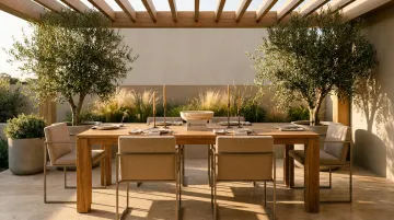 Elegant outdoor dining area with potted olive trees pergola and linen-upholstered seating