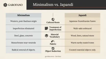 Minimalist versus Japandi interior design five-category side-by-side comparison chart