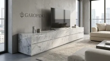 Garofano Carrara marble console with handle-less hidden storage drawers