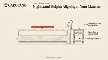 Traditional nightstand sizing and proportional alignment guide beside bed frame