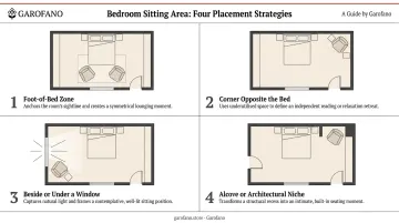 Four master bedroom sitting area location options illustrated layout diagram