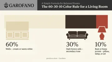 60-30-10 color rule breakdown for styling dark brown furniture in a living room