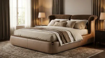 Elegant upholstered bed frame with curved headboard in romantic bedroom