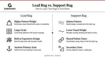 Rug coordination hierarchy chart showing lead and support rug roles in open plan