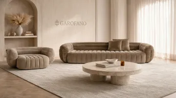 Garofano Argos sofa styled in living room with properly proportioned area rug