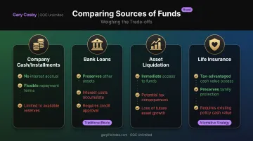 Four funding sources for shareholder buyouts compared side by side