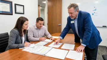 Licensed insurance professional reviewing buy-sell funding coverage with client