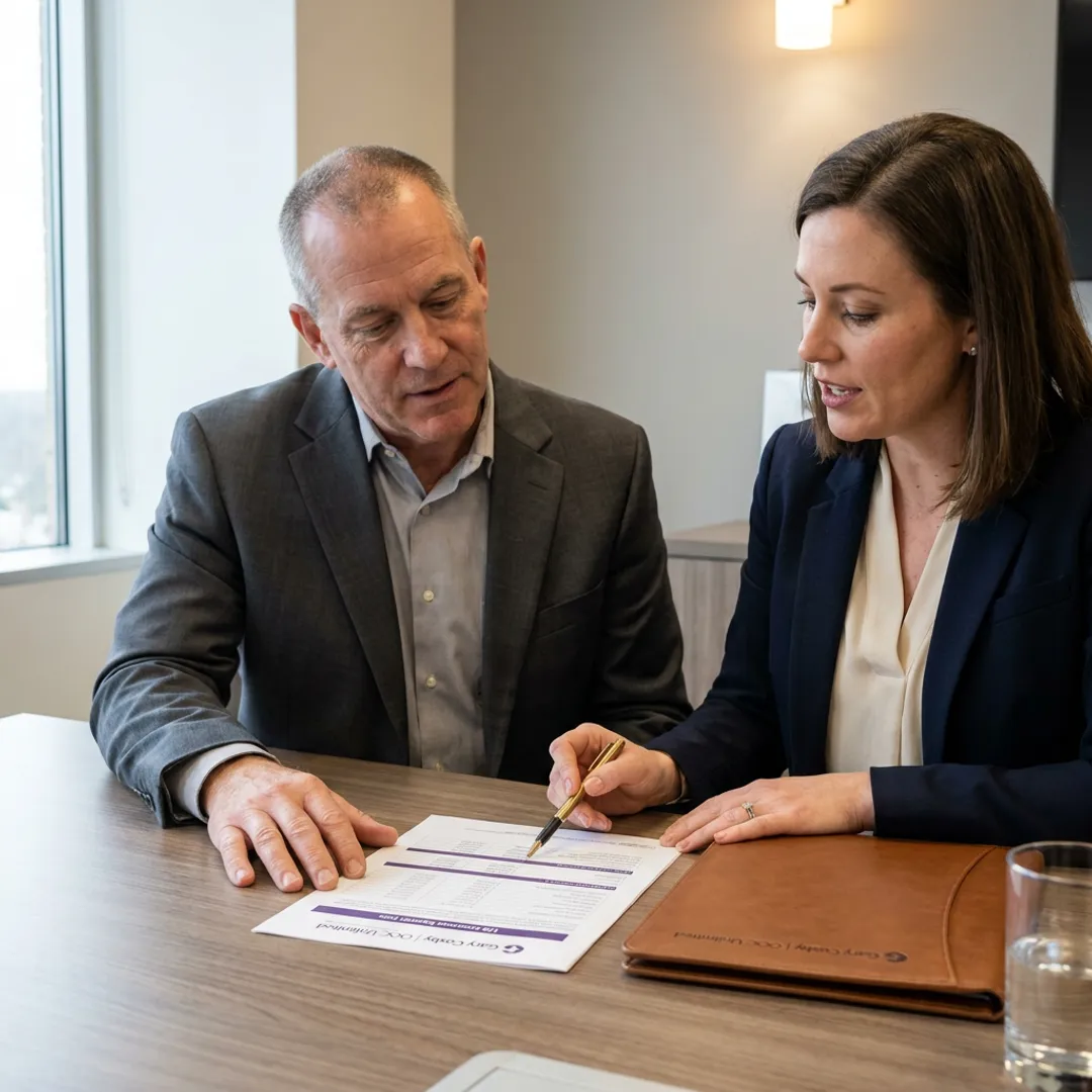 Business owner and executive reviewing benefit plan options