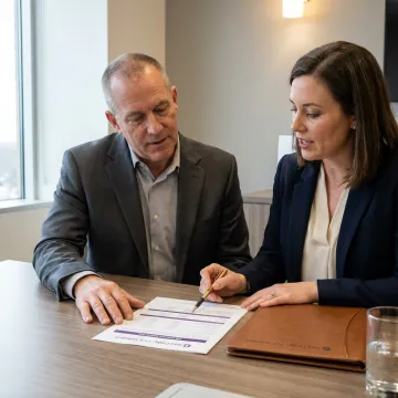 Business owner and executive reviewing benefit plan options