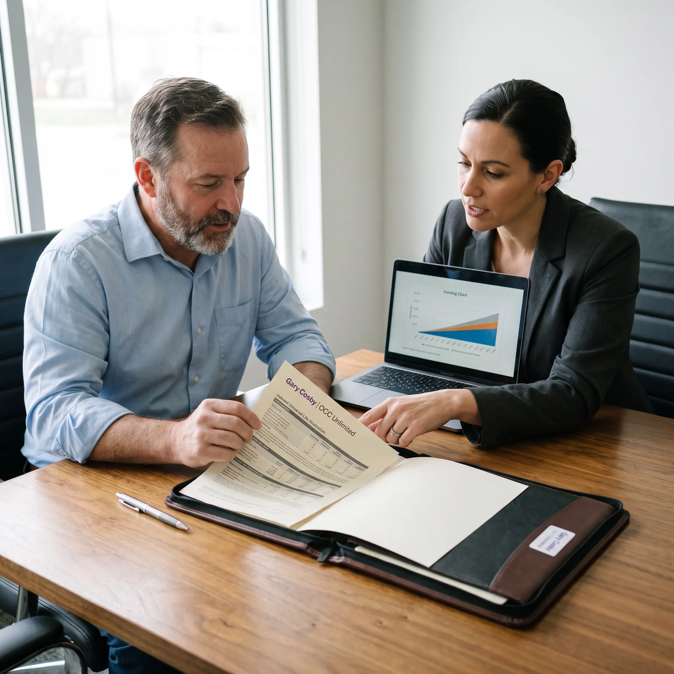 Business owner reviewing an IUL policy illustration