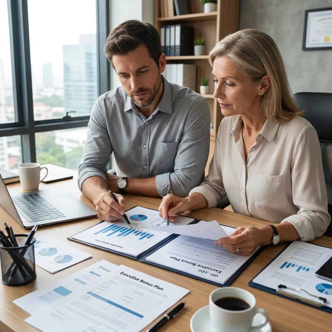 Business owner reviewing executive bonus plan documents