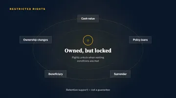 Restricted rights under a REBA, with cash value, policy loans, surrender, beneficiary, and ownership changes owned but locked until vesting conditions are met