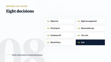 Eight decisions before offering a Section 162 plan: objective, right arrangement, participant, reasonable pay, employee fit, tax cost, restrictions, and exit