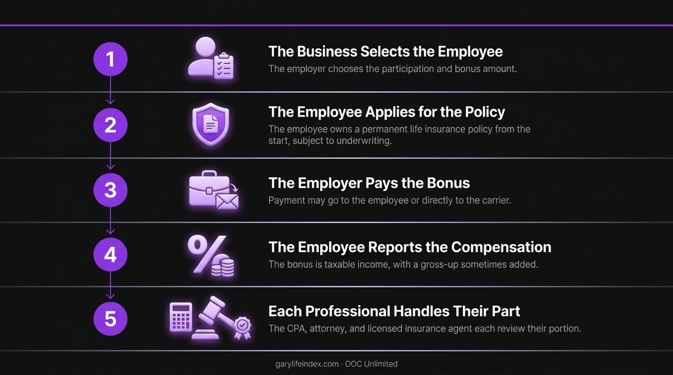 Five-step journey of a Section 162 plan: select, apply, bonus paid, reported, and reviewed by a CPA, attorney, and licensed agent